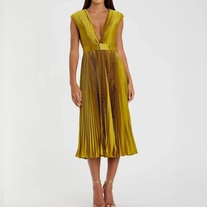 Mac Duggal Olive-Gold Pleated V-Neck Midi Dress with Belt